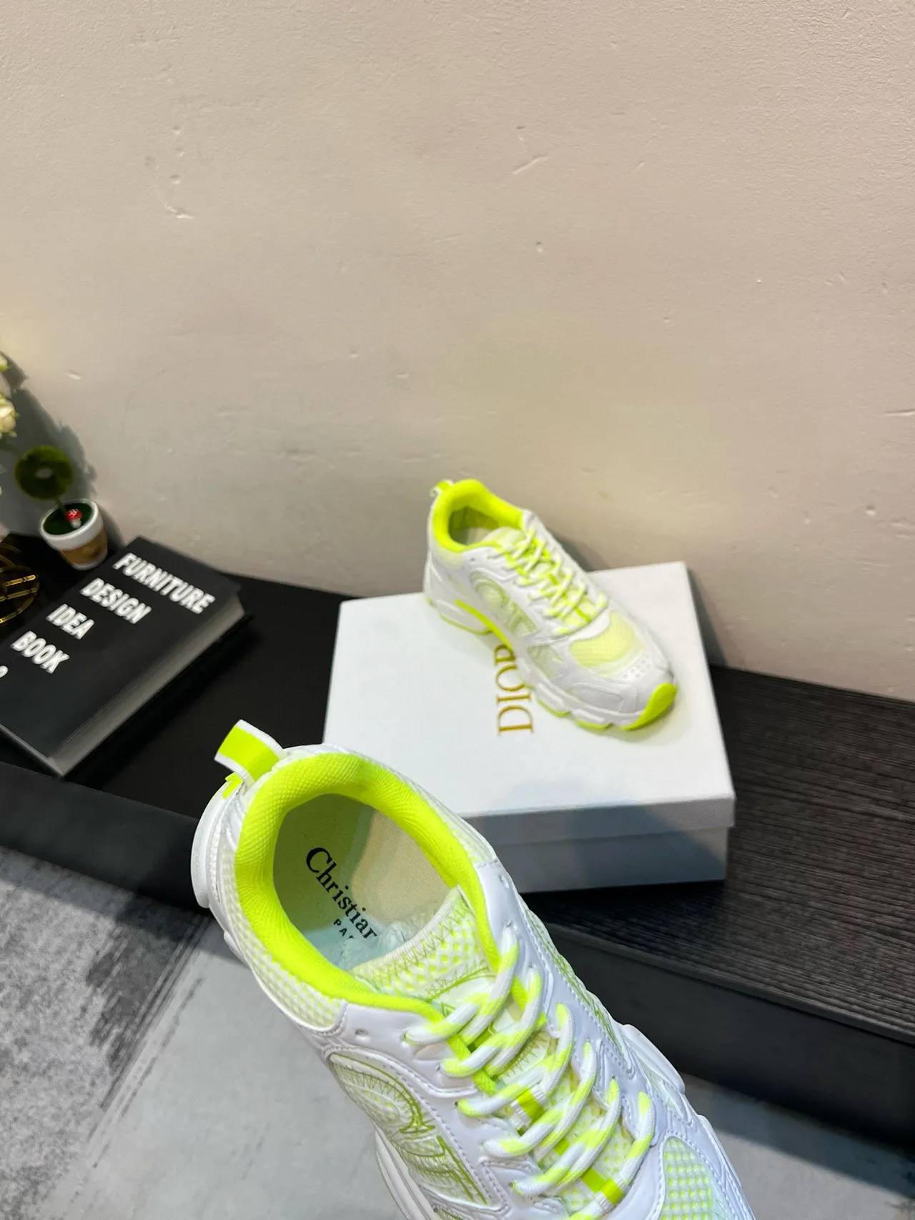 White and Neon Lime Chunky Sneakers 7