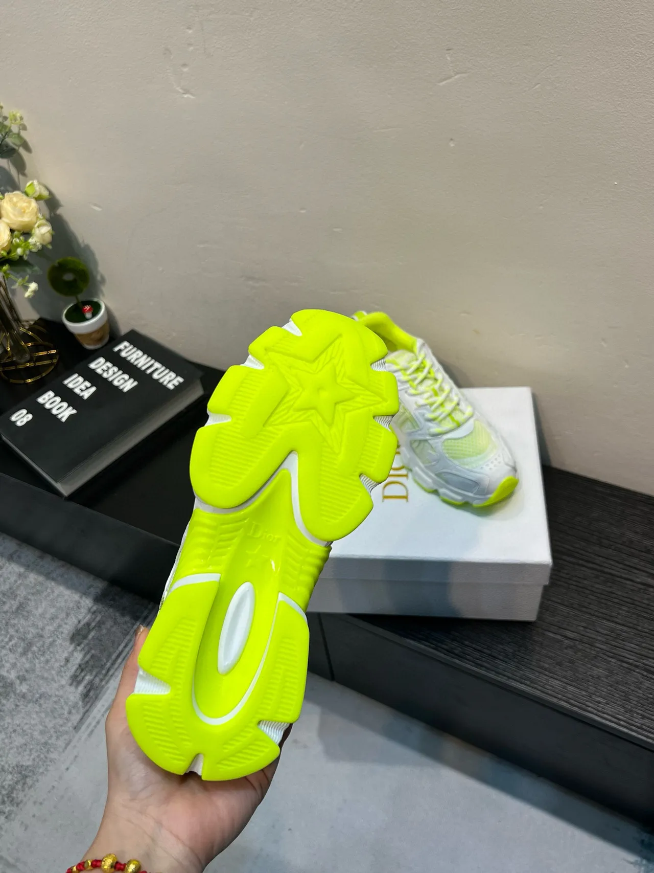 White and Neon Lime Chunky Sneakers 8