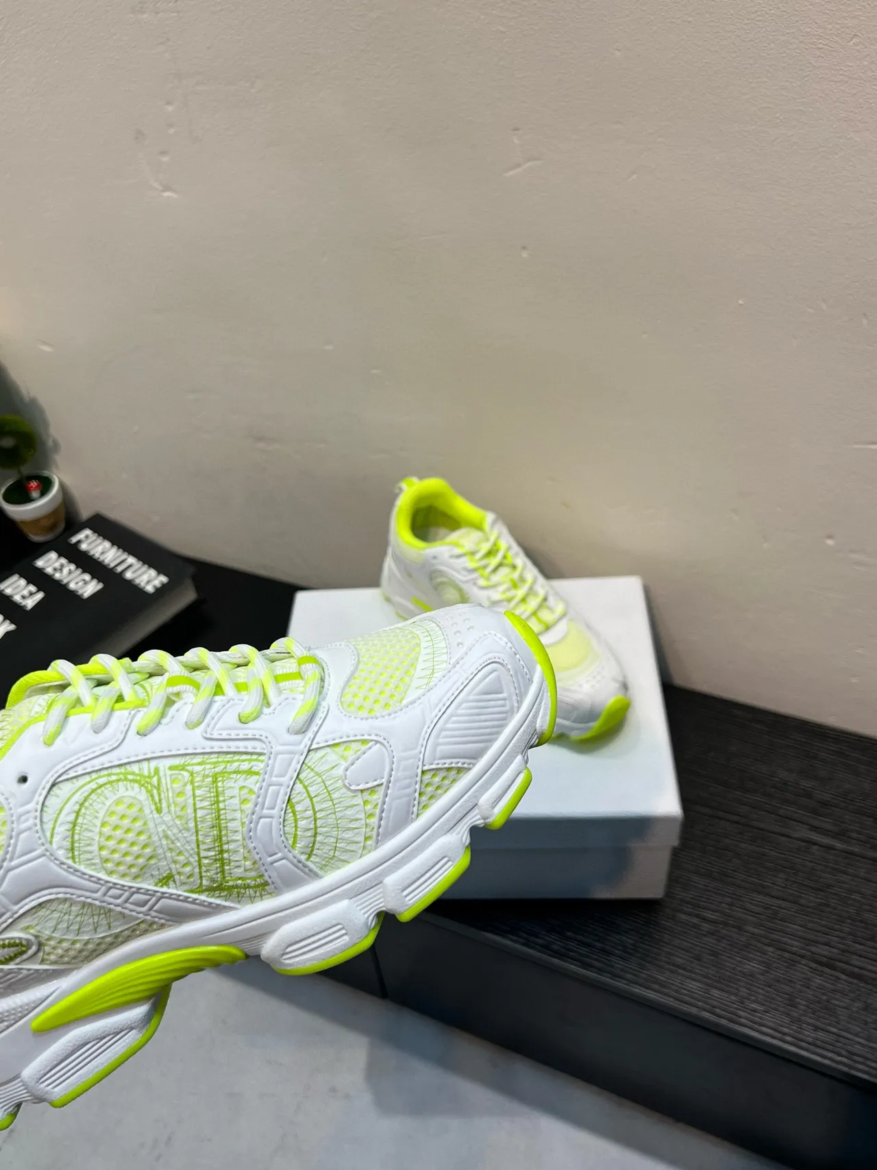 White and Neon Lime Chunky Sneakers 9