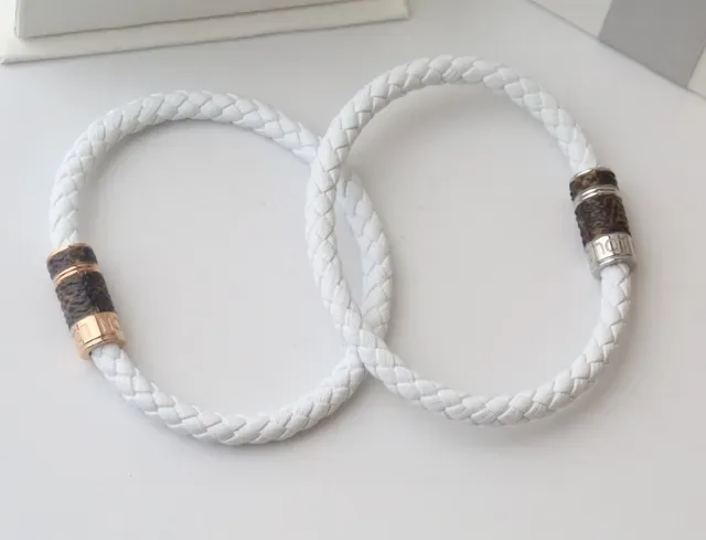 White Brown Braided Cord Monogrammed Leather Accent Bracelet 2
