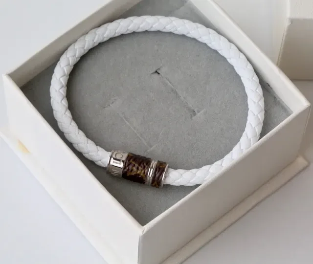 White Brown Braided Cord Monogrammed Leather Accent Bracelet 4