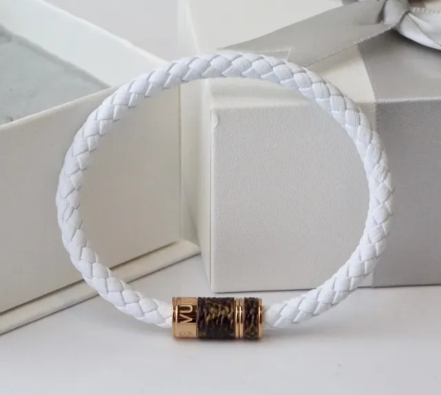 White Brown Braided Cord Monogrammed Leather Accent Bracelet 6