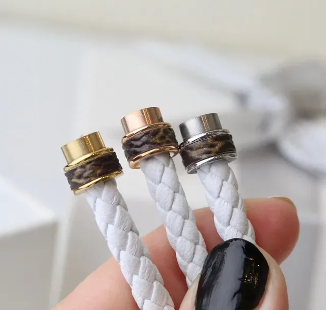 White Brown Braided Cord Monogrammed Leather Accent Bracelet 7