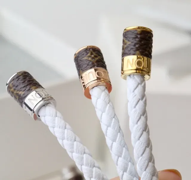 White Brown Braided Cord Monogrammed Leather Accent Bracelet 8