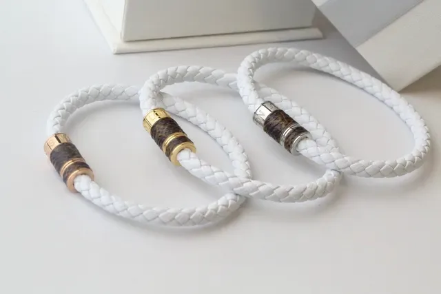 White Brown Braided Cord Monogrammed Leather Accent Bracelet 9