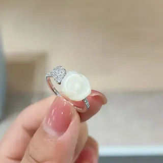 White Carved Rose and Pavé Heart Ring