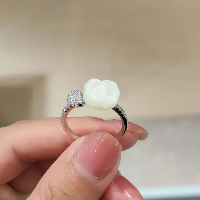 White Carved Rose and Pavé Heart Ring 9