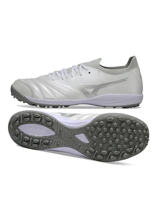Chaussures de football pour herbe artificielle, upper synthétique matelassé blanc et gris, languette en mesh 7