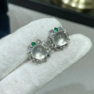 White Green Cabochon-Centered Halo-Set Earrings