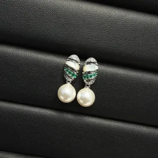 White Green Dangling Pearl-Drop Earrings