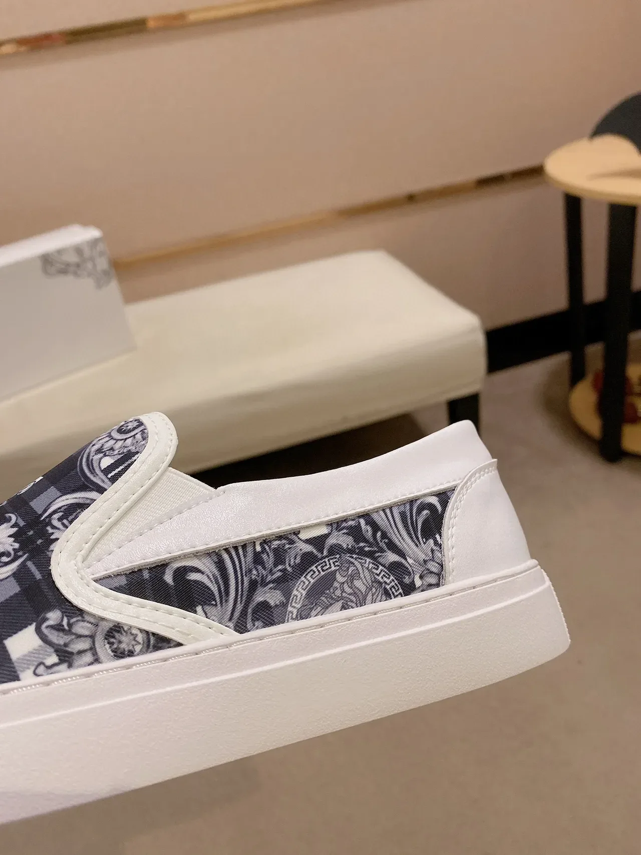White Navy Slip-On Baroque-Print Fabric Upper Sneakers 4