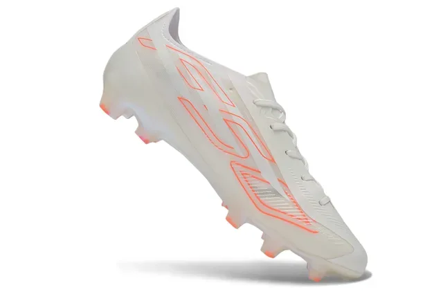 Chaussures de football à crampons pour terrain ferme blanc et orange semelle translucide iridescente soleplate superpositions de graphiques linéaires 2