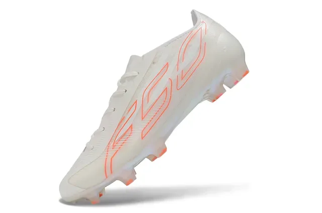 Chaussures de football à crampons pour terrain ferme blanc et orange semelle translucide iridescente soleplate superpositions de graphiques linéaires 3