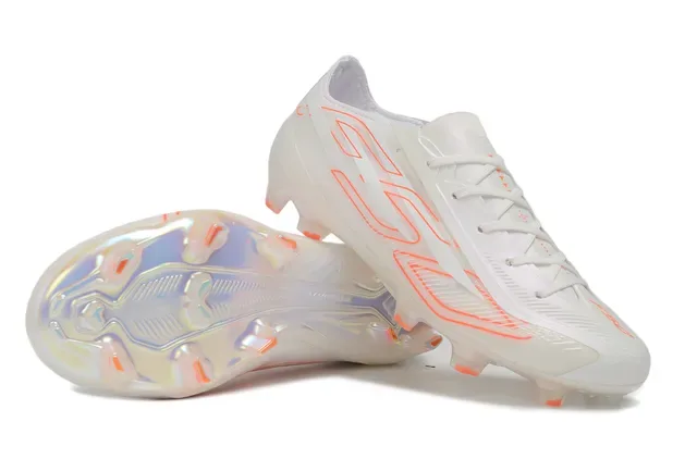 Chaussures de football à crampons pour terrain ferme blanc et orange semelle translucide iridescente soleplate superpositions de graphiques linéaires 4