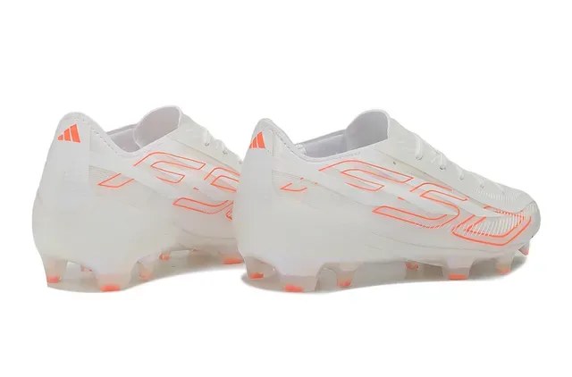 Chaussures de football à crampons pour terrain ferme blanc et orange semelle translucide iridescente soleplate superpositions de graphiques linéaires 5