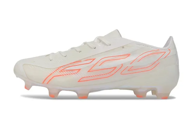 Chaussures de football à crampons pour terrain ferme blanc et orange semelle translucide iridescente soleplate superpositions de graphiques linéaires 6