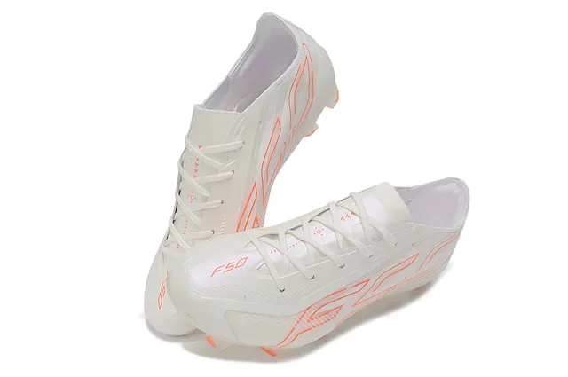 Chaussures de football à crampons pour terrain ferme blanc et orange semelle translucide iridescente soleplate superpositions de graphiques linéaires 7