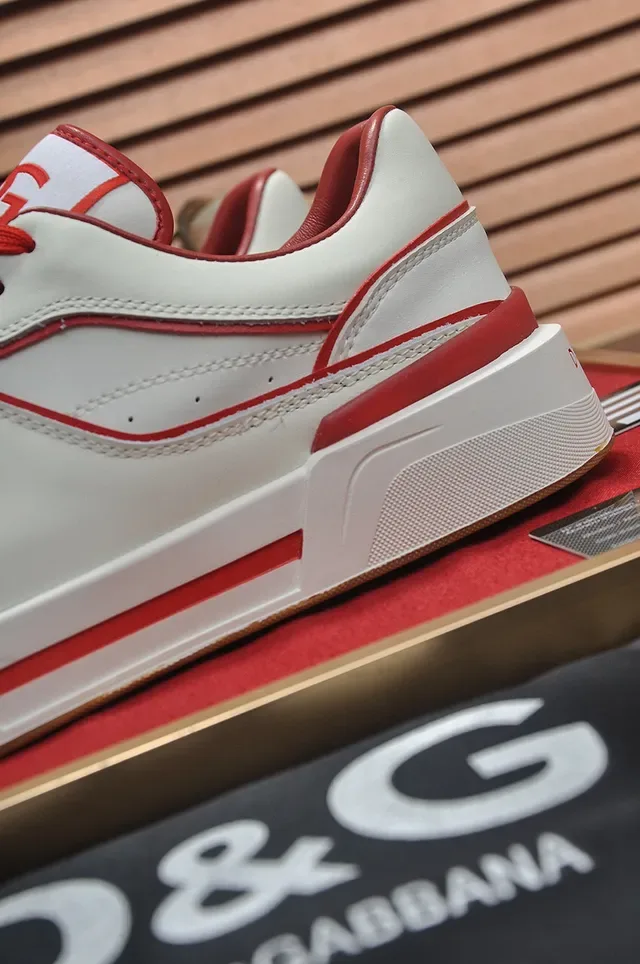 White Red Leather-Like Upper Contrast Piping Sneakers 2