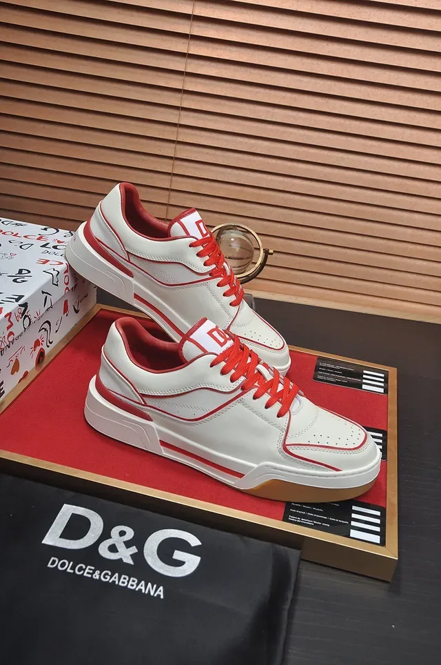 White Red Leather-Like Upper Contrast Piping Sneakers 5