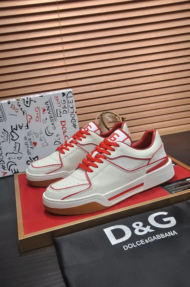 White Red Leather-Like Upper Contrast Piping Sneakers 7