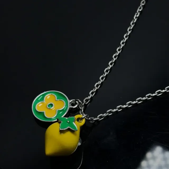 Yellow and Green Enamel Flower and Lemon Charm Necklace 2