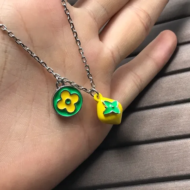 Yellow and Green Enamel Flower and Lemon Charm Necklace 5