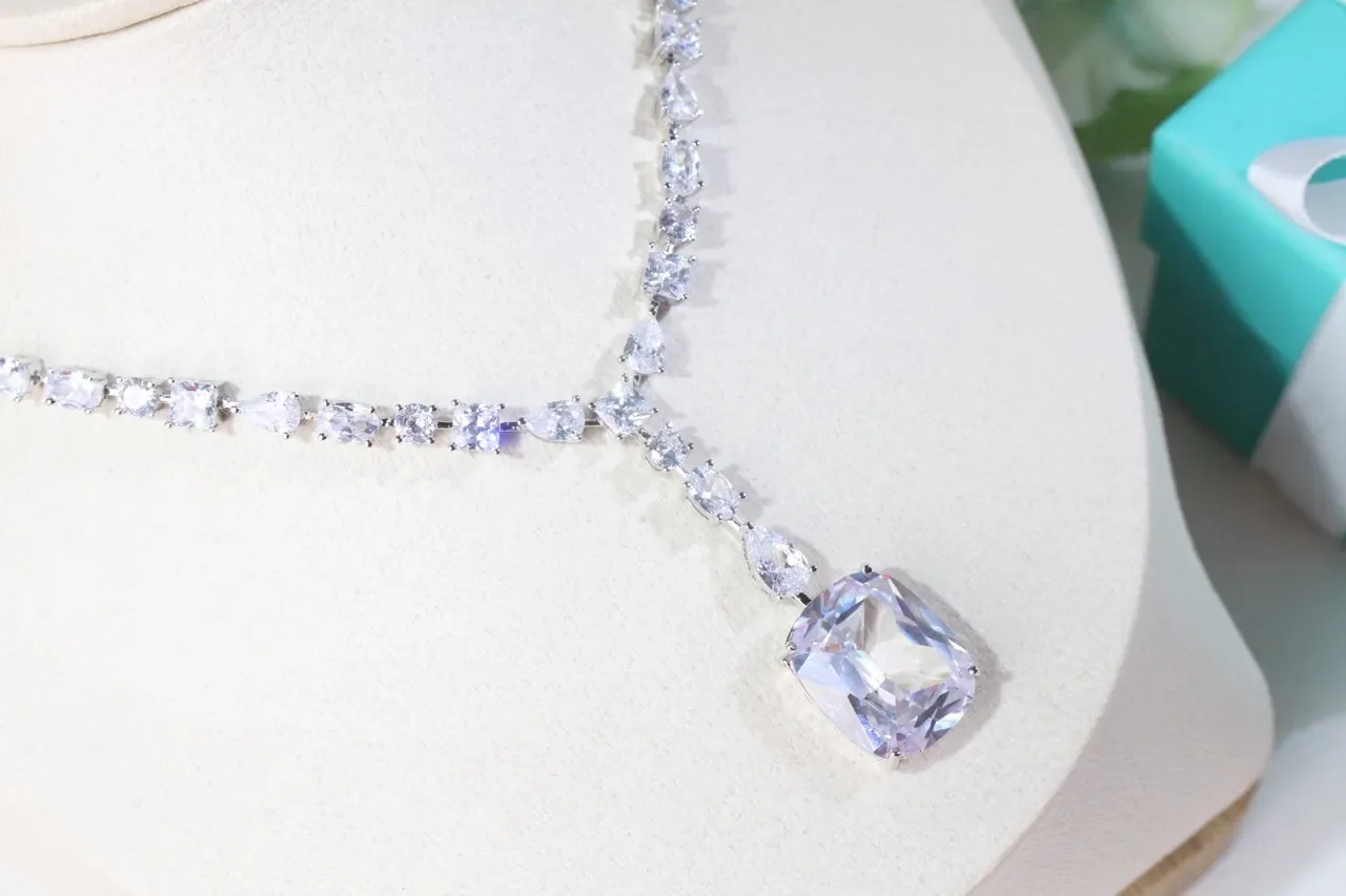 Yellow Blue Cushion-Cut Center Stone Y-Drop Pendant Design Necklace 5