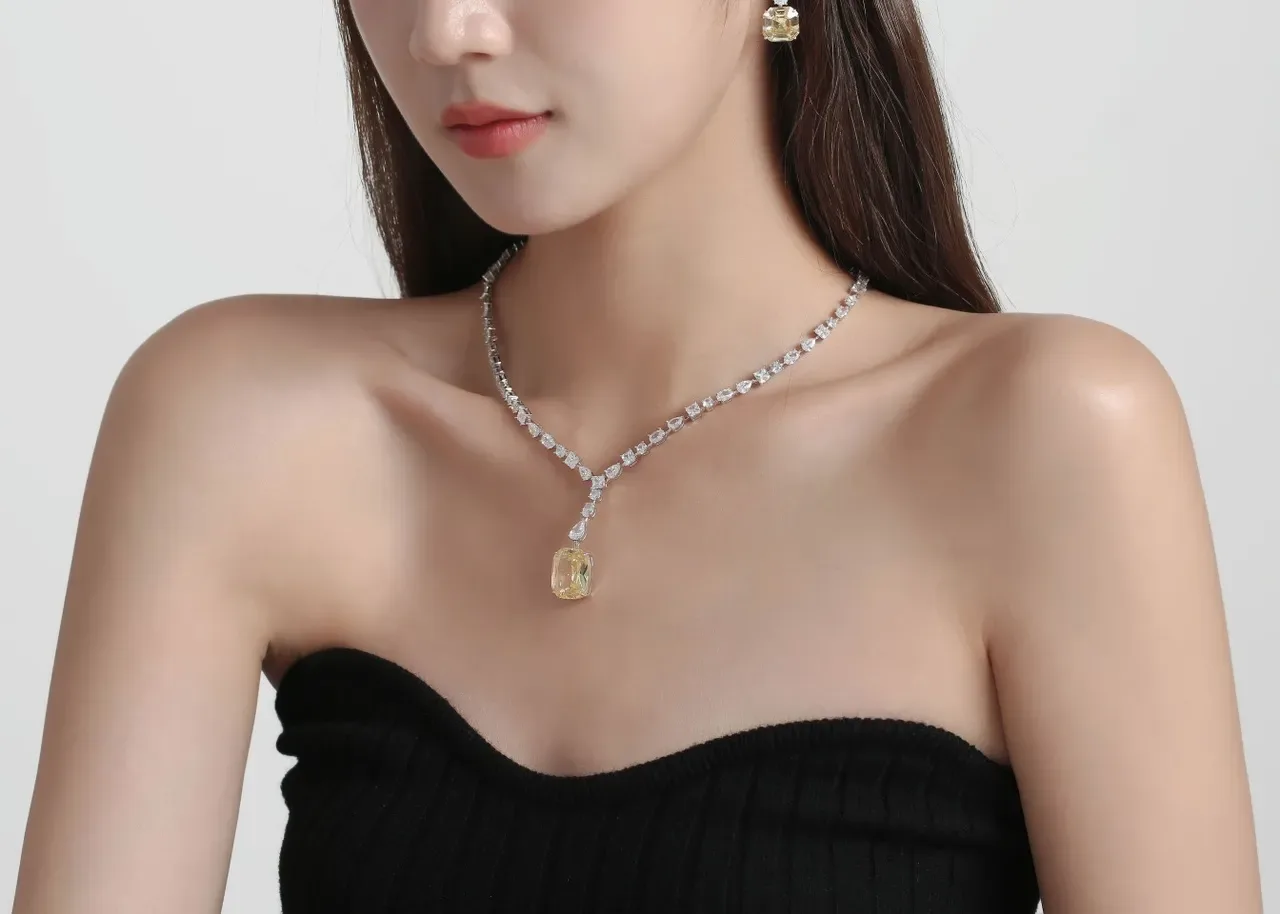 Yellow Blue Cushion-Cut Center Stone Y-Drop Pendant Design Necklace 7