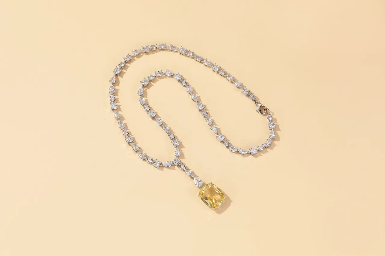 Yellow Blue Cushion-Cut Center Stone Y-Drop Pendant Design Necklace 8