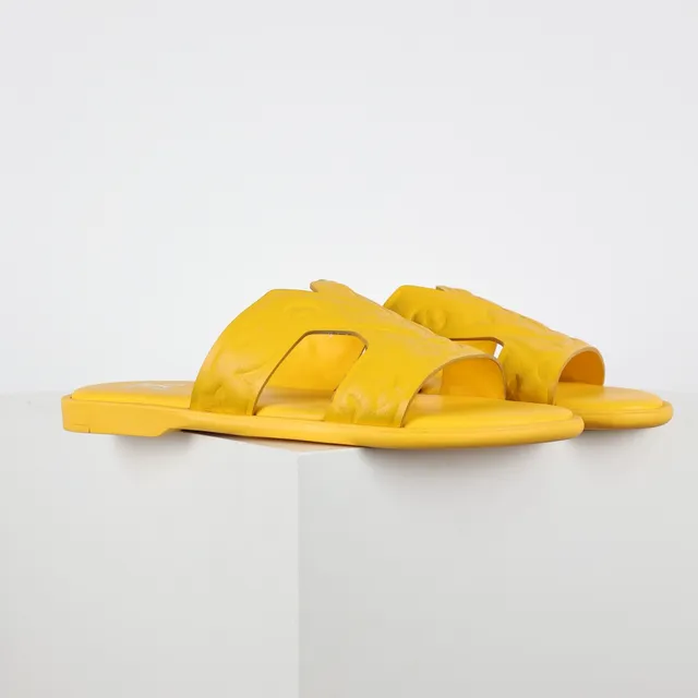 Yellow Embossed Two-Strap Flat Slippers 3
