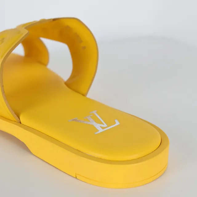 Yellow Embossed Two-Strap Flat Slippers 4