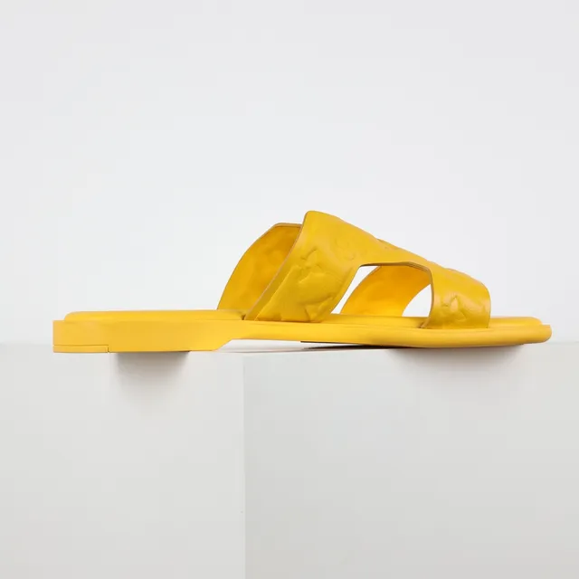Yellow Embossed Two-Strap Flat Slippers 7