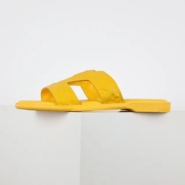 Yellow Embossed Two-Strap Flat Slippers 9