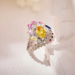 Yellow Multicolor Multi-Gem Cluster Pear-Cut Center Stone Ring