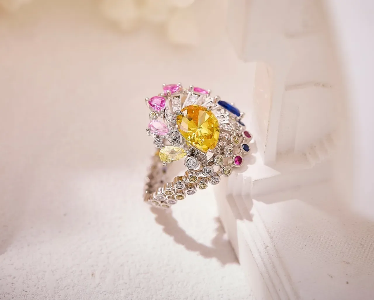 Yellow Multicolor Multi-Gem Cluster Pear-Cut Center Stone Ring 1