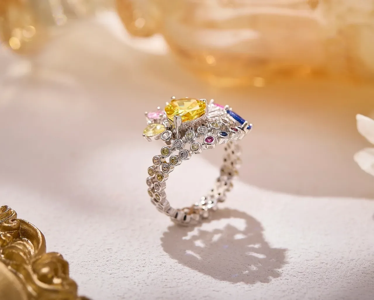 Yellow Multicolor Multi-Gem Cluster Pear-Cut Center Stone Ring 6