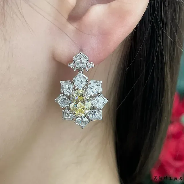 Yellow Silver Floral Cluster Drop Earrings 9