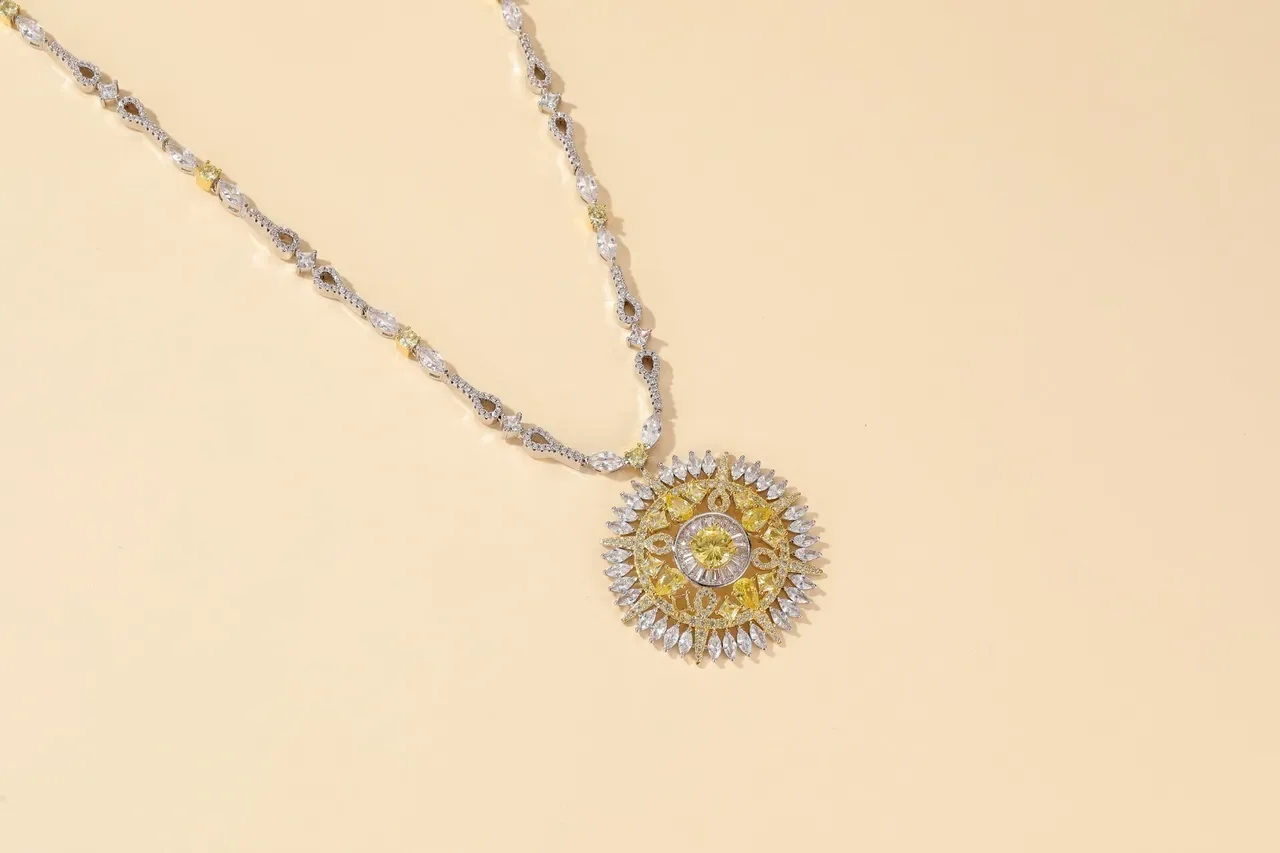 Yellow Silver Sunburst Pendant Multi-Stone Halo Necklace 2