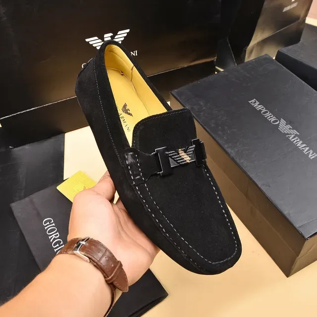 Giorgio Armani Black Yellow Suede Upper Metal Buckle Detail Loafer 4