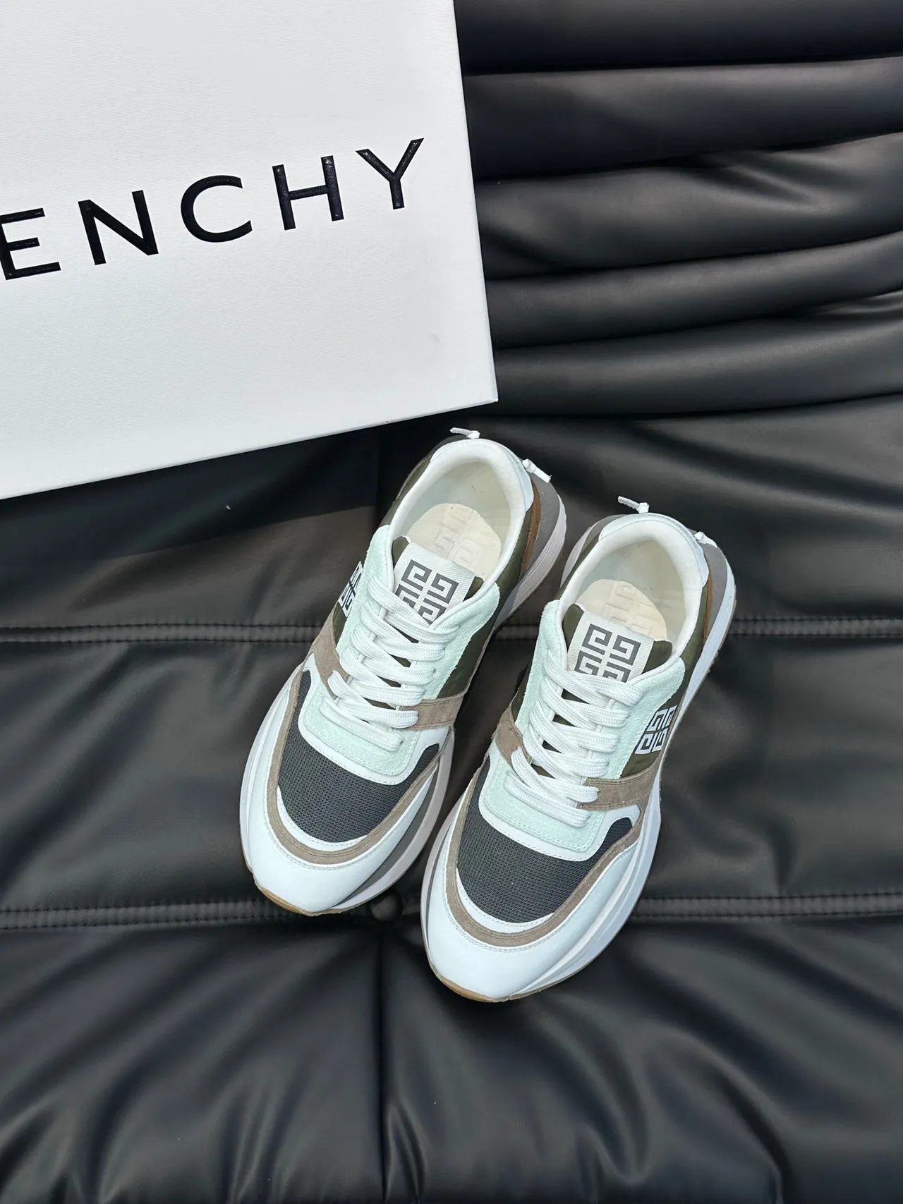 Givenchy White Army Green Multi-Material Patchwork 4G Logo Branding Chunky Sneakers 2