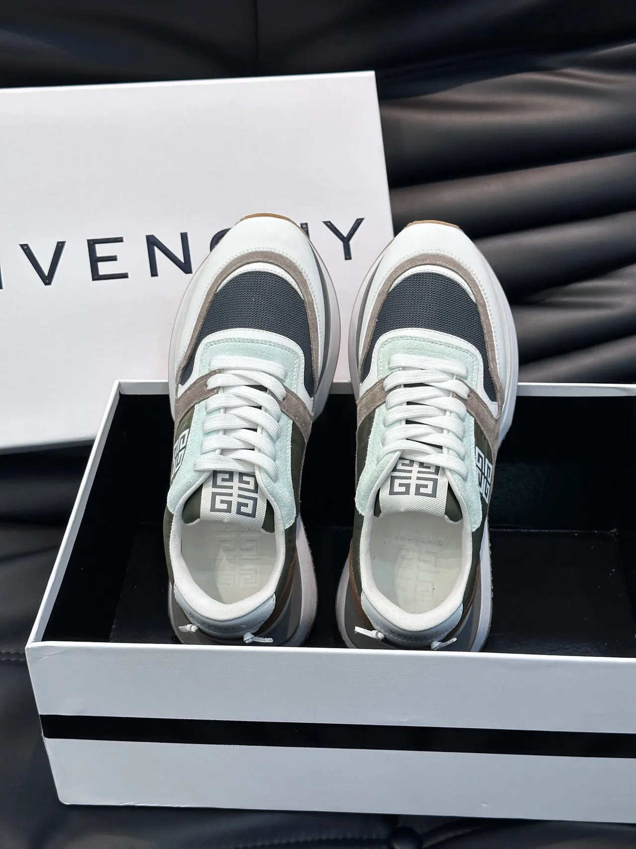 Givenchy White Army Green Multi-Material Patchwork 4G Logo Branding Chunky Sneakers 4