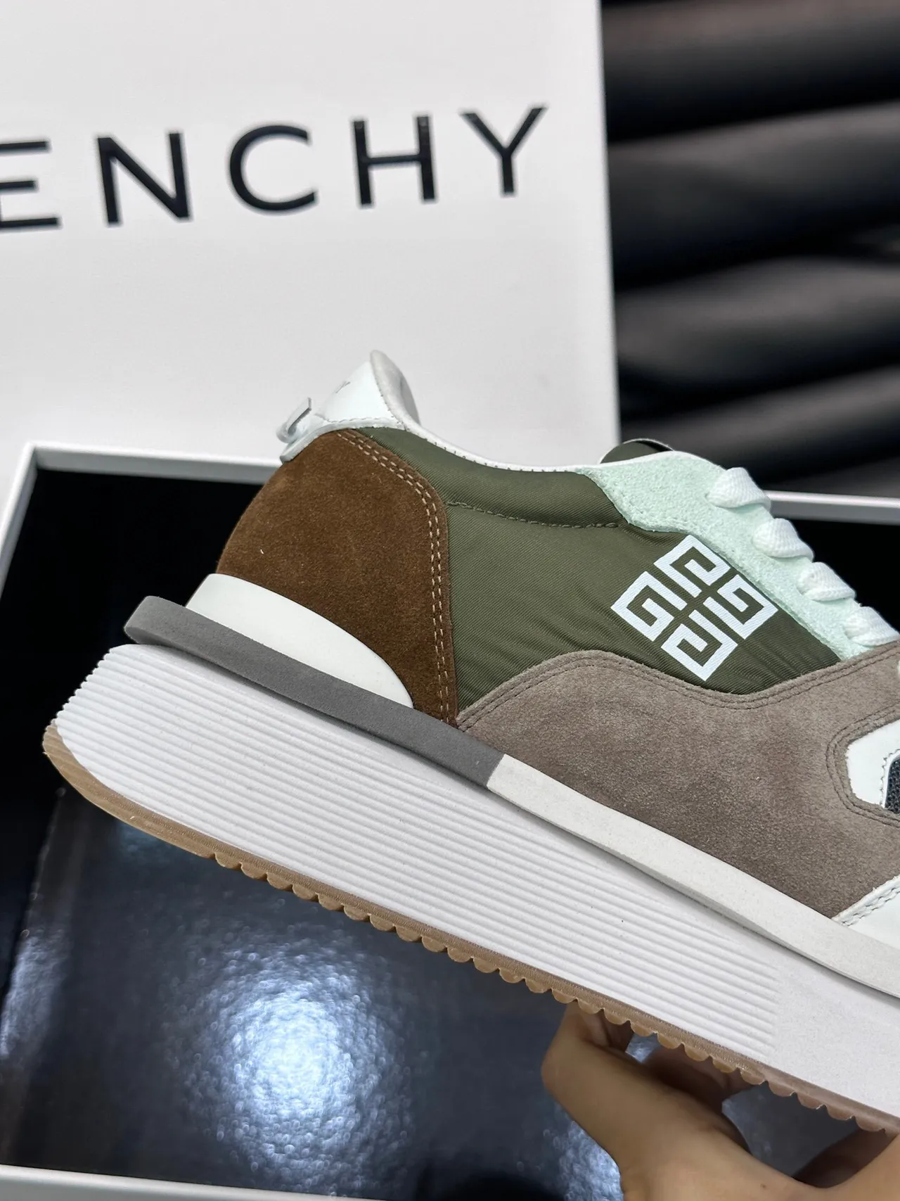 Givenchy White Army Green Multi-Material Patchwork 4G Logo Branding Chunky Sneakers 6