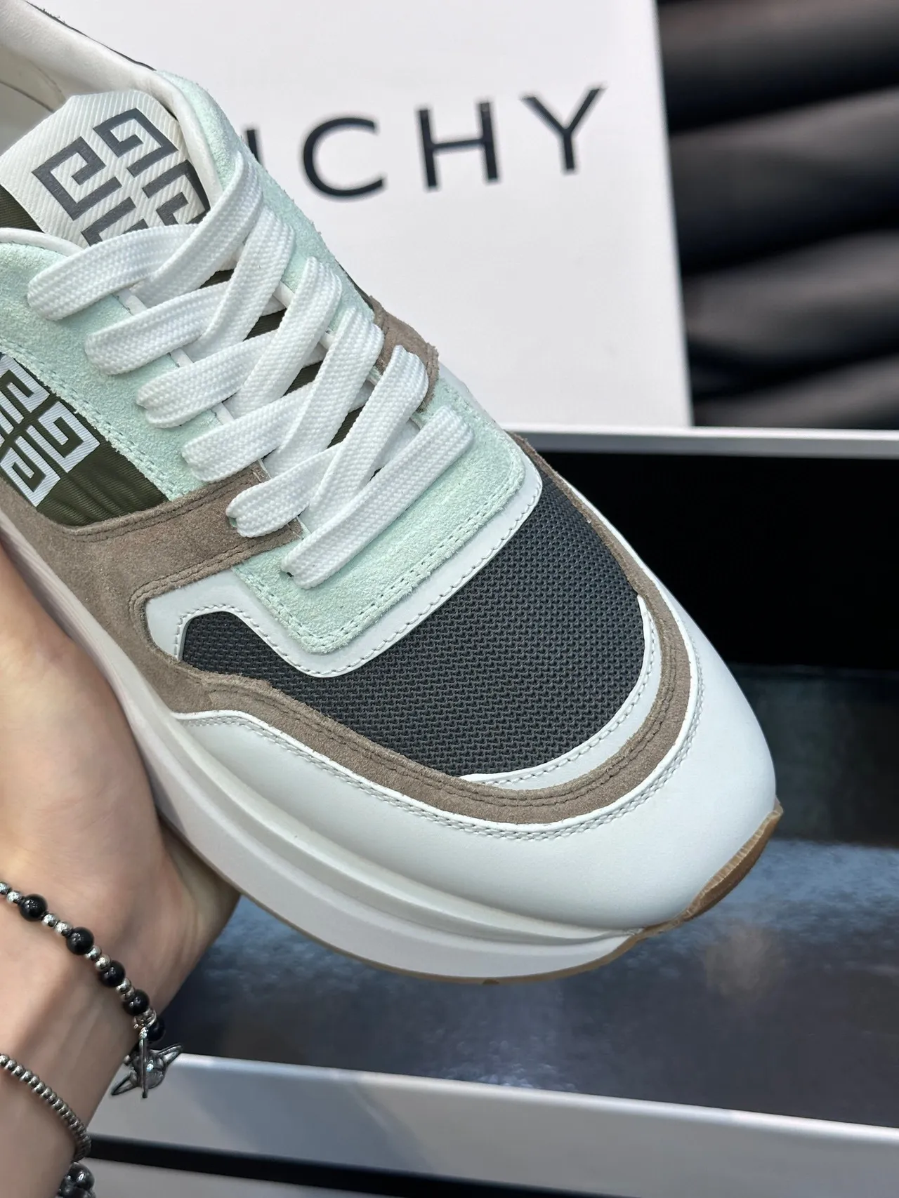 Givenchy White Army Green Multi-Material Patchwork 4G Logo Branding Chunky Sneakers 7