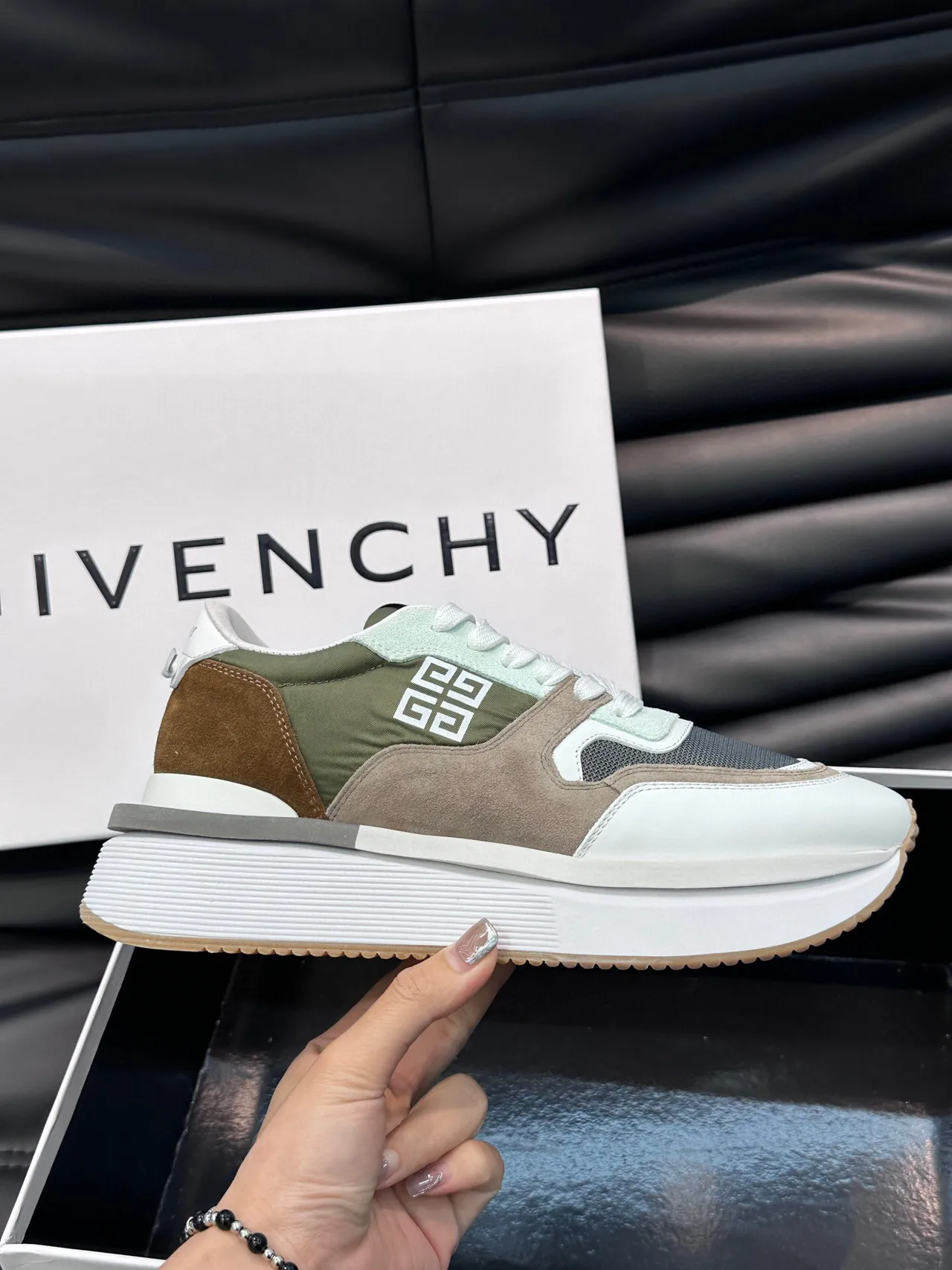 Givenchy White Army Green Multi-Material Patchwork 4G Logo Branding Chunky Sneakers 9