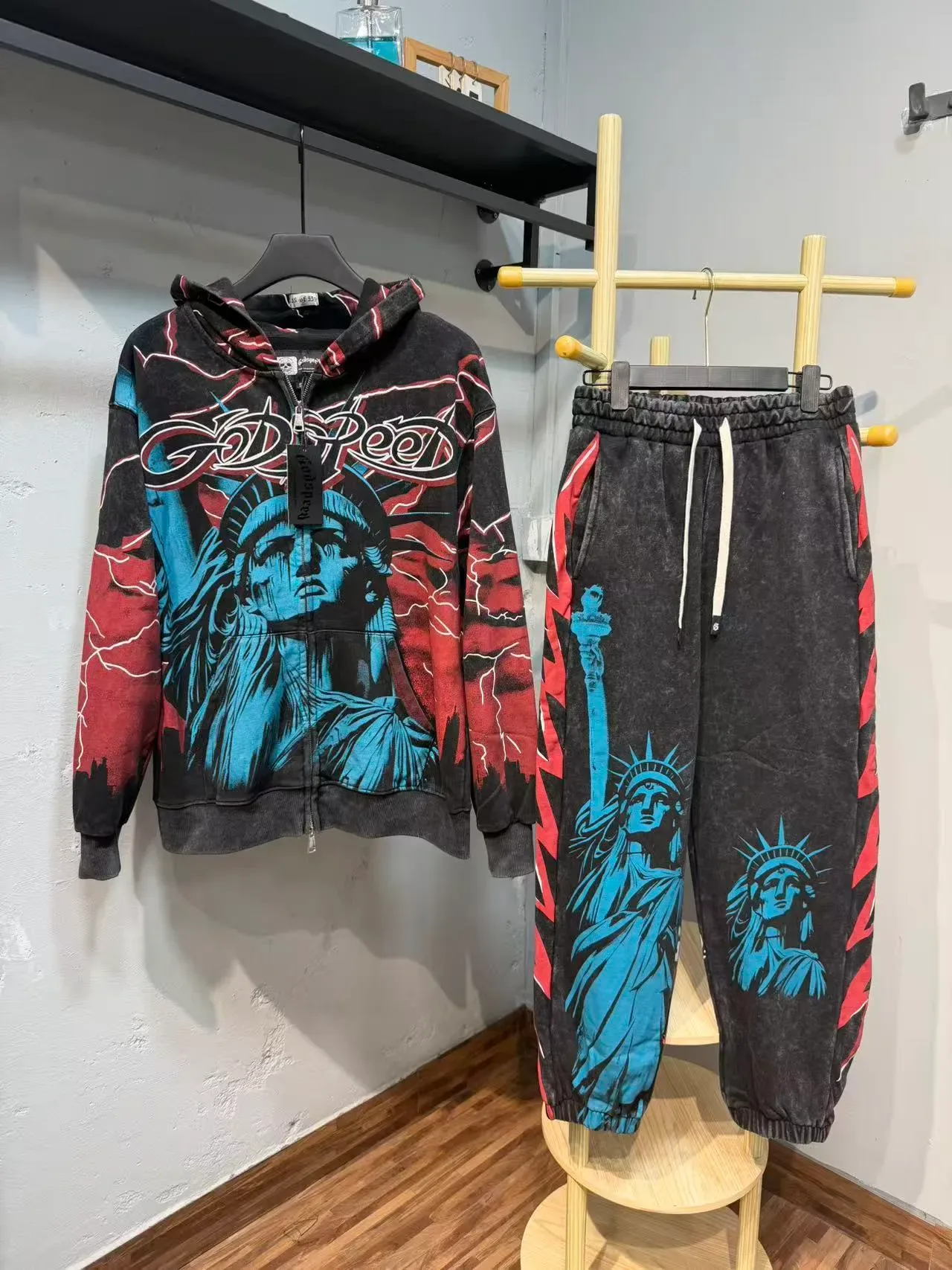 Godspeed Black Red Graphic-Print Acid-Wash Tracksuit 4