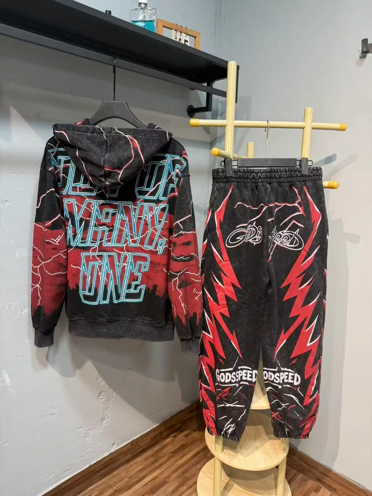 Godspeed Black Red Graphic-Print Acid-Wash Tracksuit 5