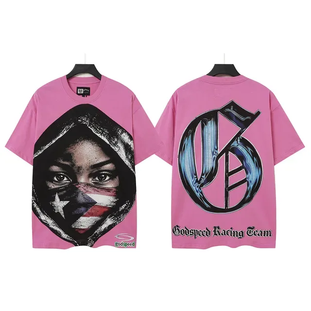 Godspeed Graphic-Print Hooded Face Motif Pink T-Shirt 2