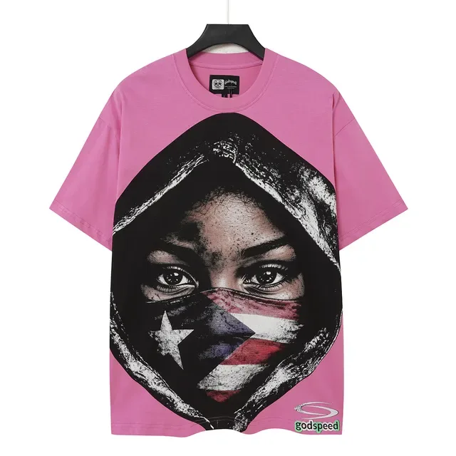 Godspeed Graphic-Print Hooded Face Motif Pink T-Shirt 3