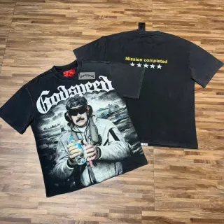 تي شيرت Godspeed أسود مغسول بطباعة جرافيك