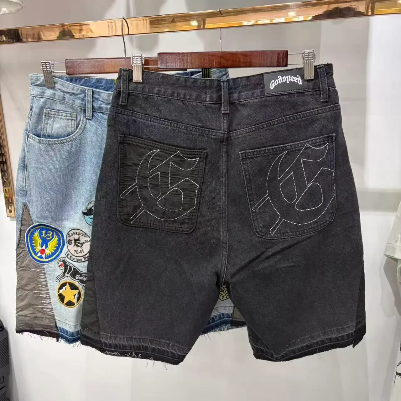 Godspeed Patchwork Embroidered Distressed Denim Shorts 2
